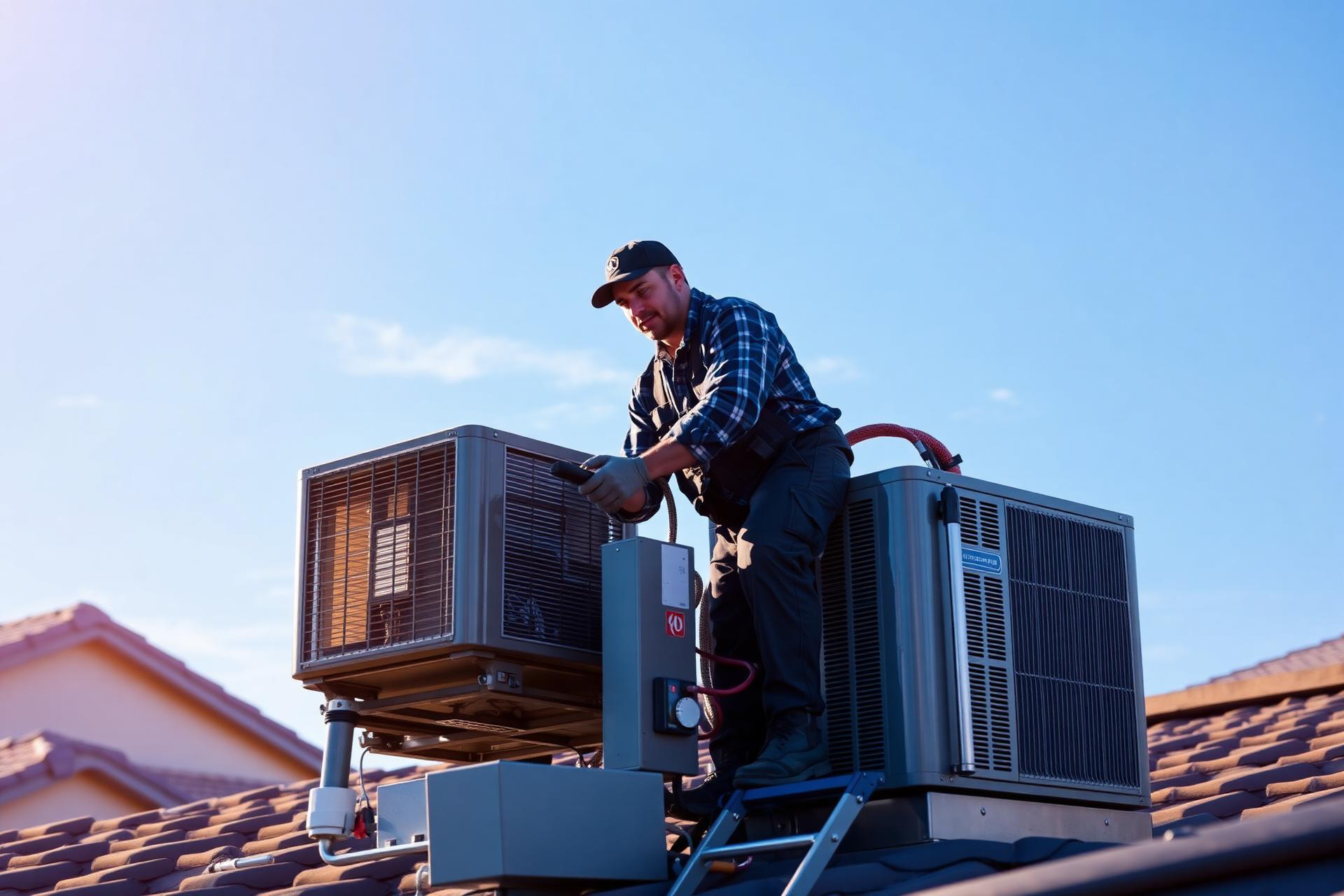 HVAC technician installing a residential AC condenser unit on a California rooftop