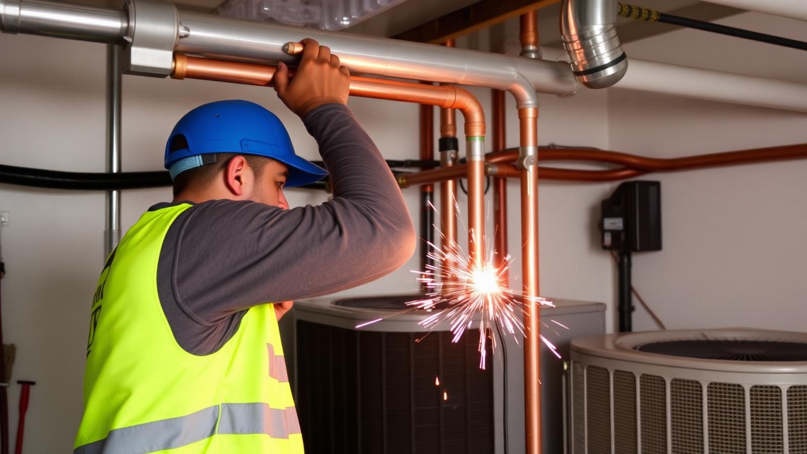 HVAC installer brazing copper line set during a new AC installation