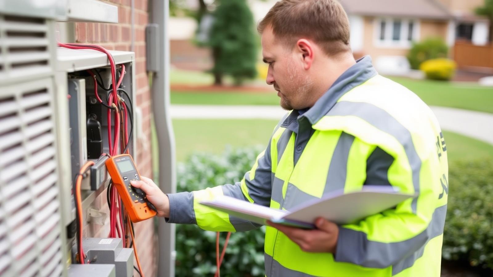 HVAC technician using a digital multimeter for a residential AC maintenance tune-up