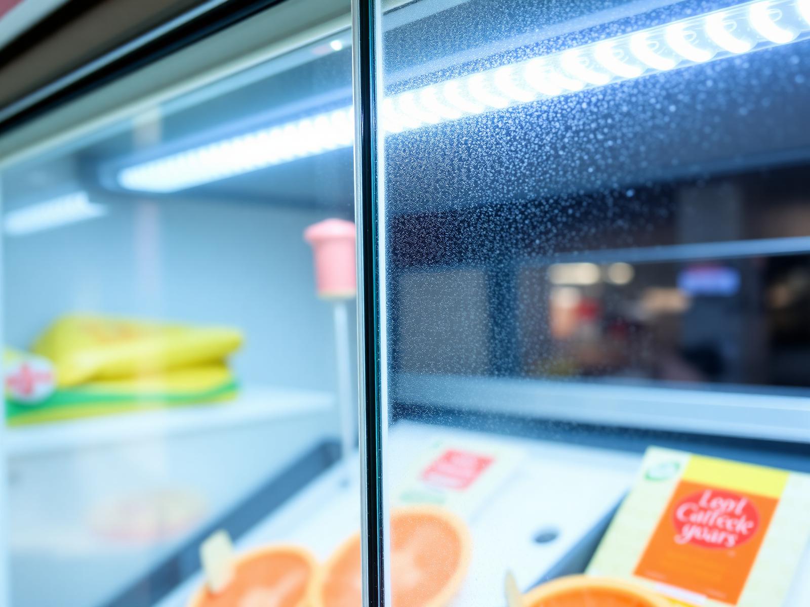 Close-up of a commercial display freezer glass door with anti-fog heated glass and LED interior lighting
