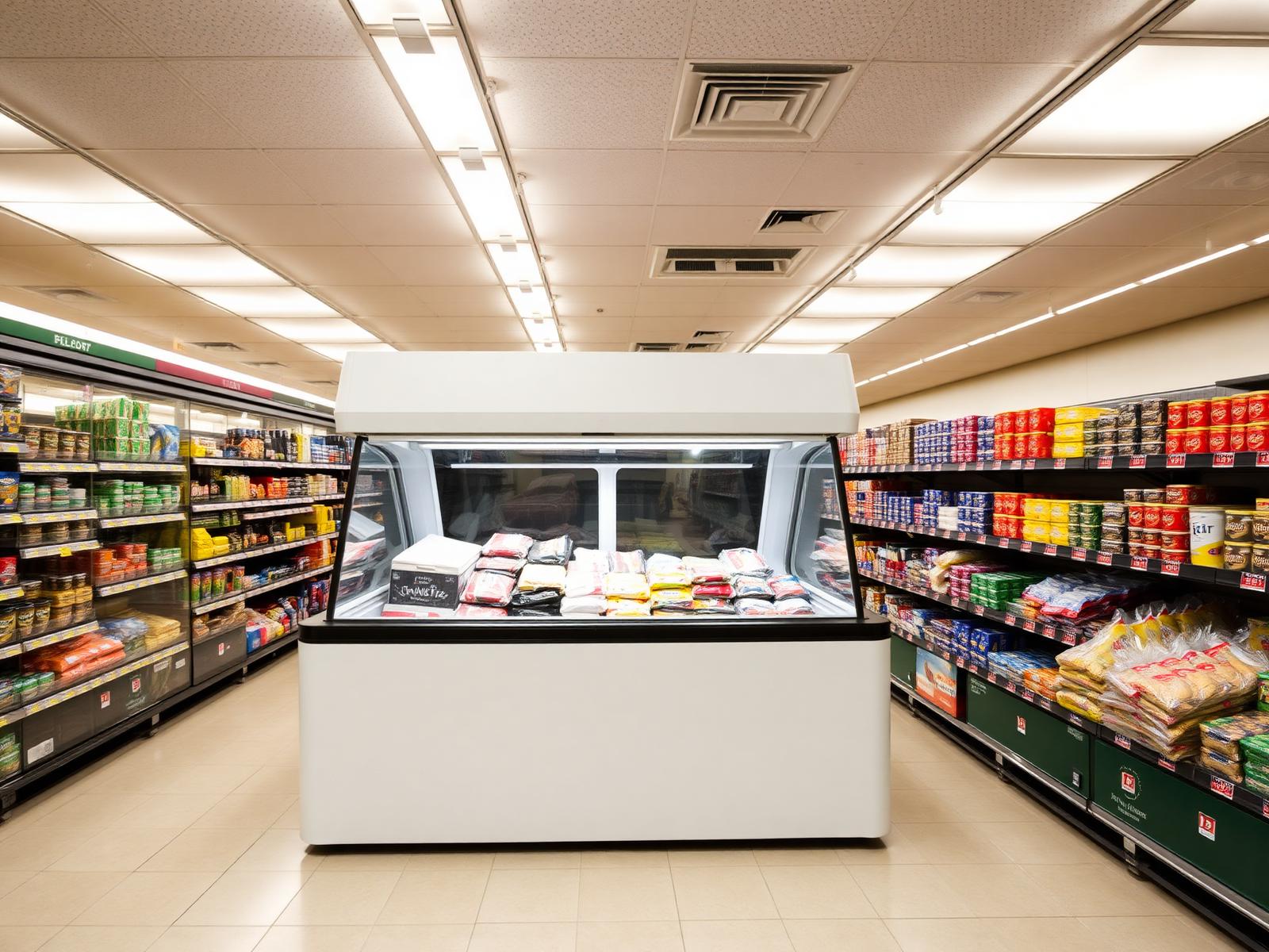 Open-top island display freezer in a supermarket aisle filled with frozen products