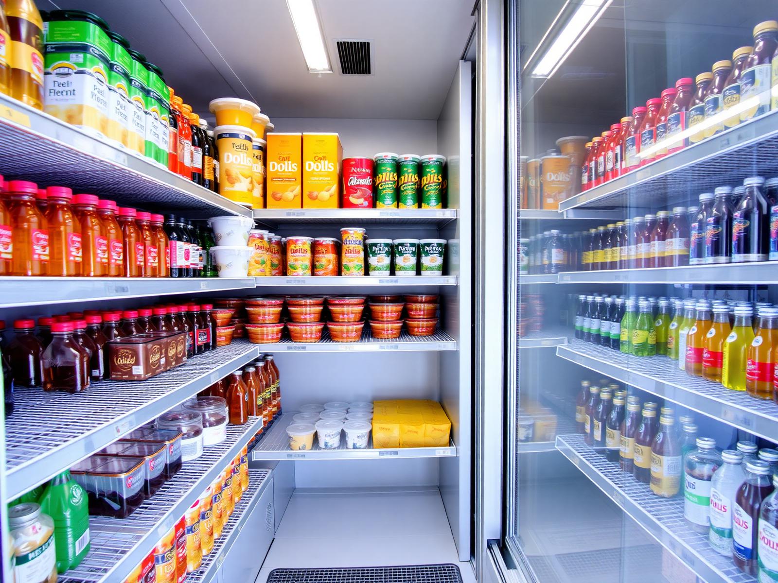 Interior of a commercial glass-door display cooler stocked with beverages and grab-and-go items