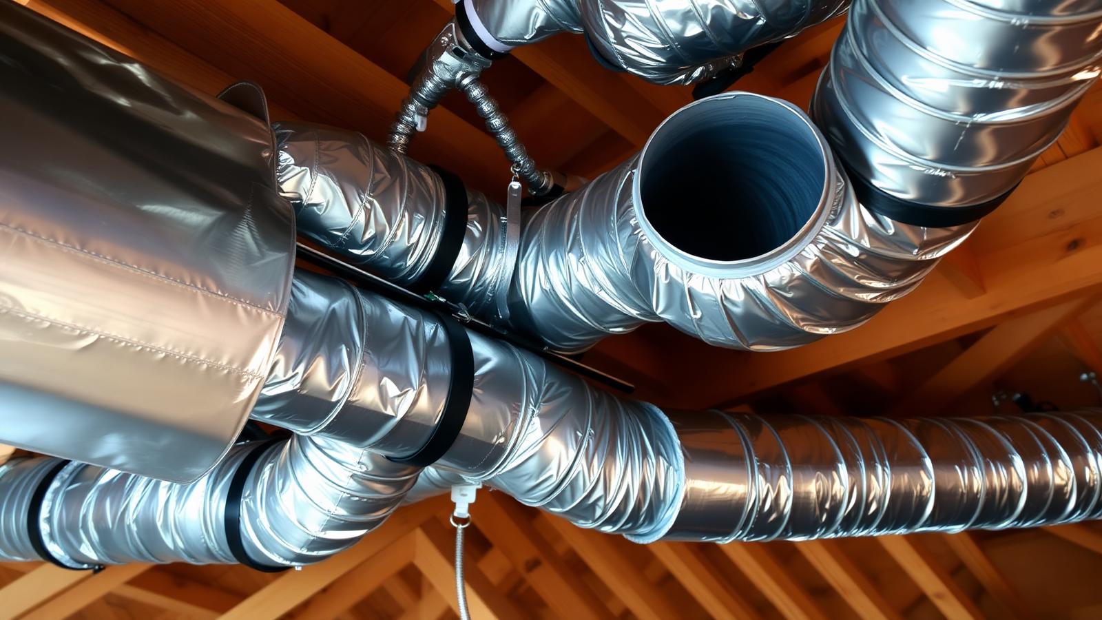 New R-8 insulated flex ductwork installed in a residential attic with sealed seams