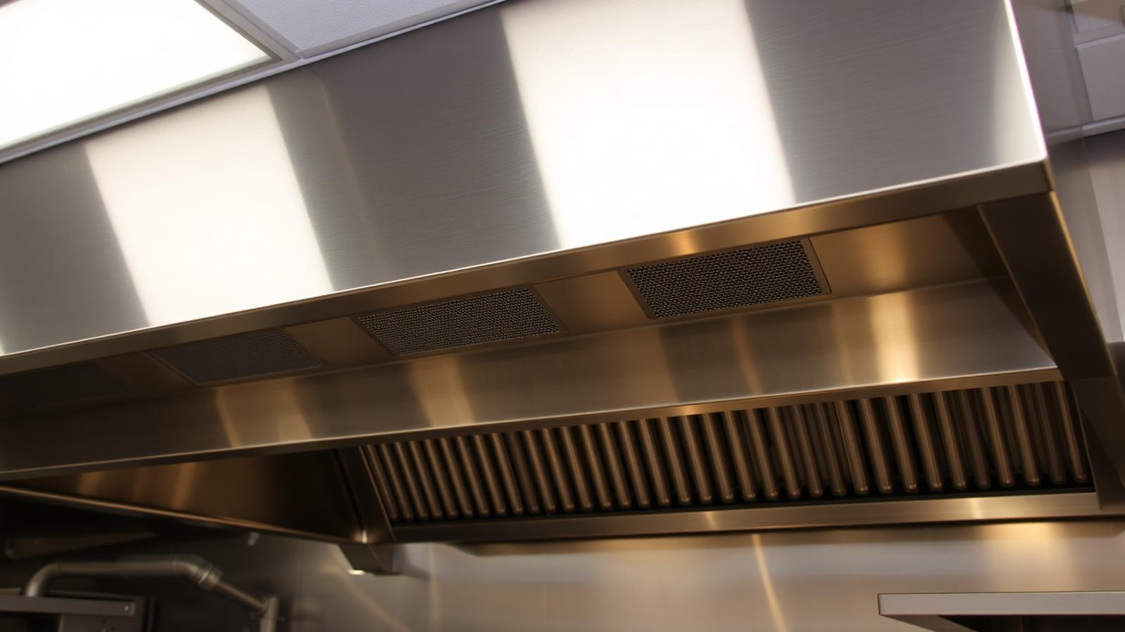 Stainless steel commercial kitchen exhaust hood with grease filters over a restaurant cookline