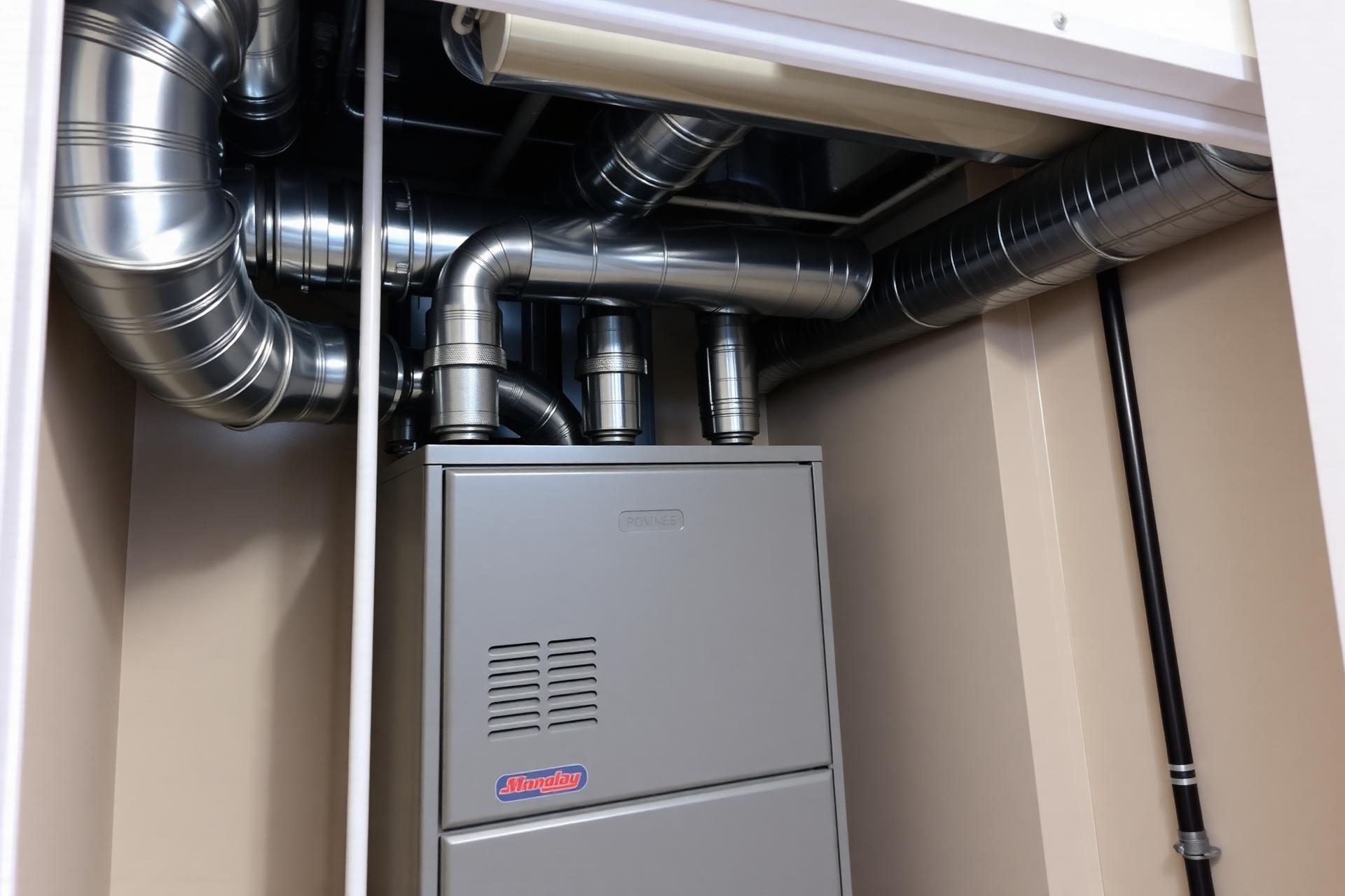 New high-efficiency residential gas furnace installed in a utility closet with polished metal ductwork