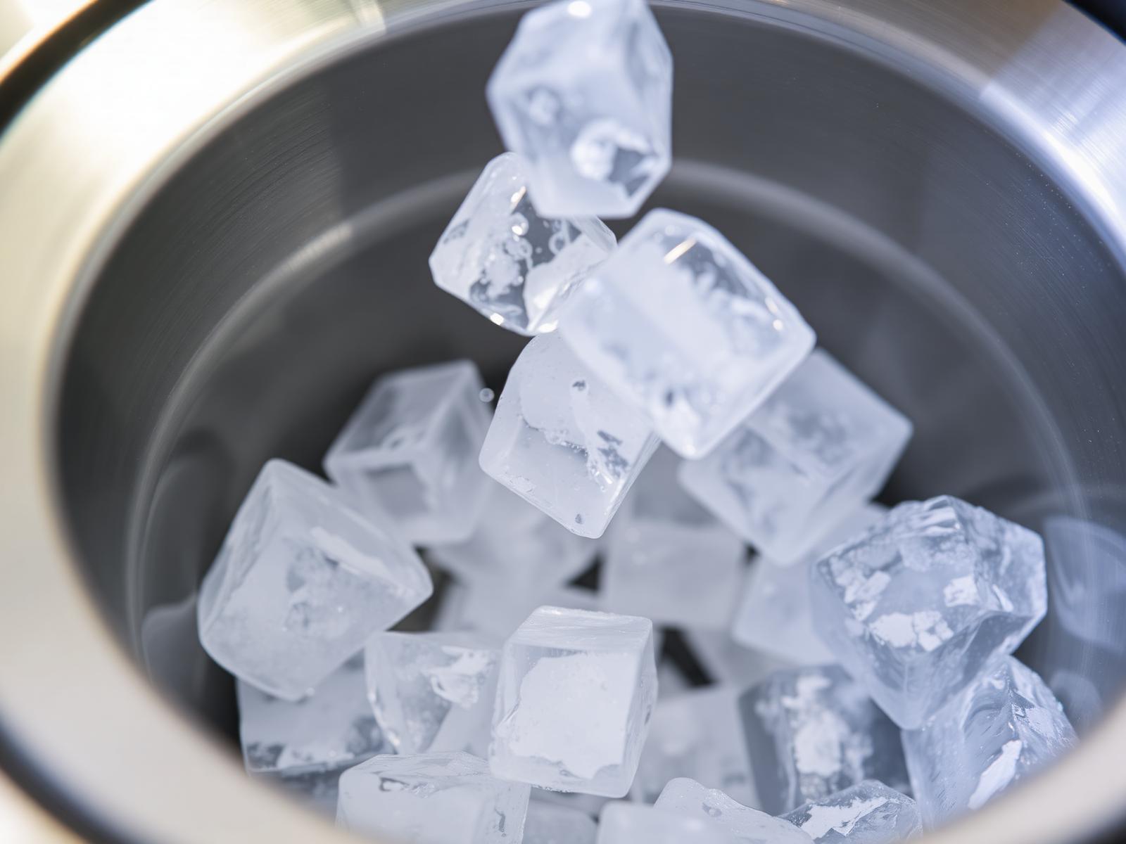 Clean clear cube ice falling into a stainless steel commercial ice machine bin