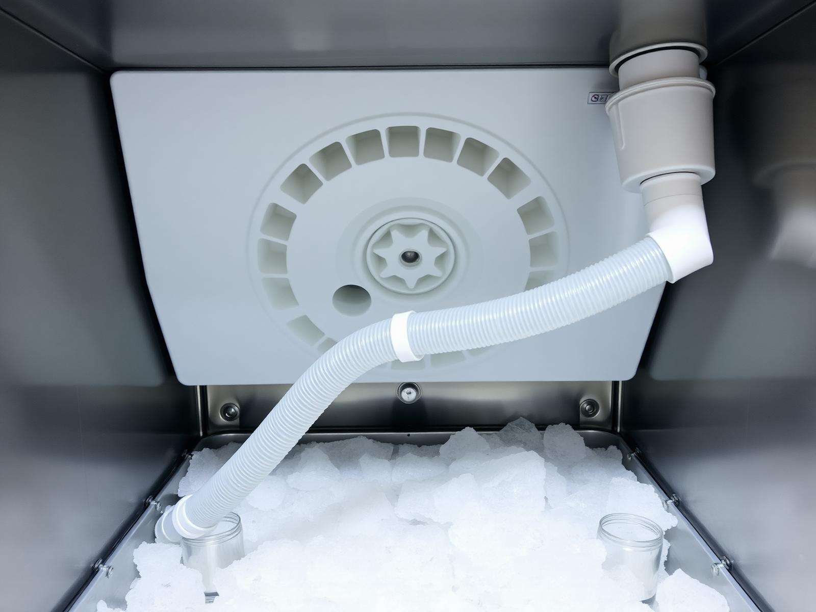 Interior of a commercial ice machine showing the evaporator plate and water distribution system