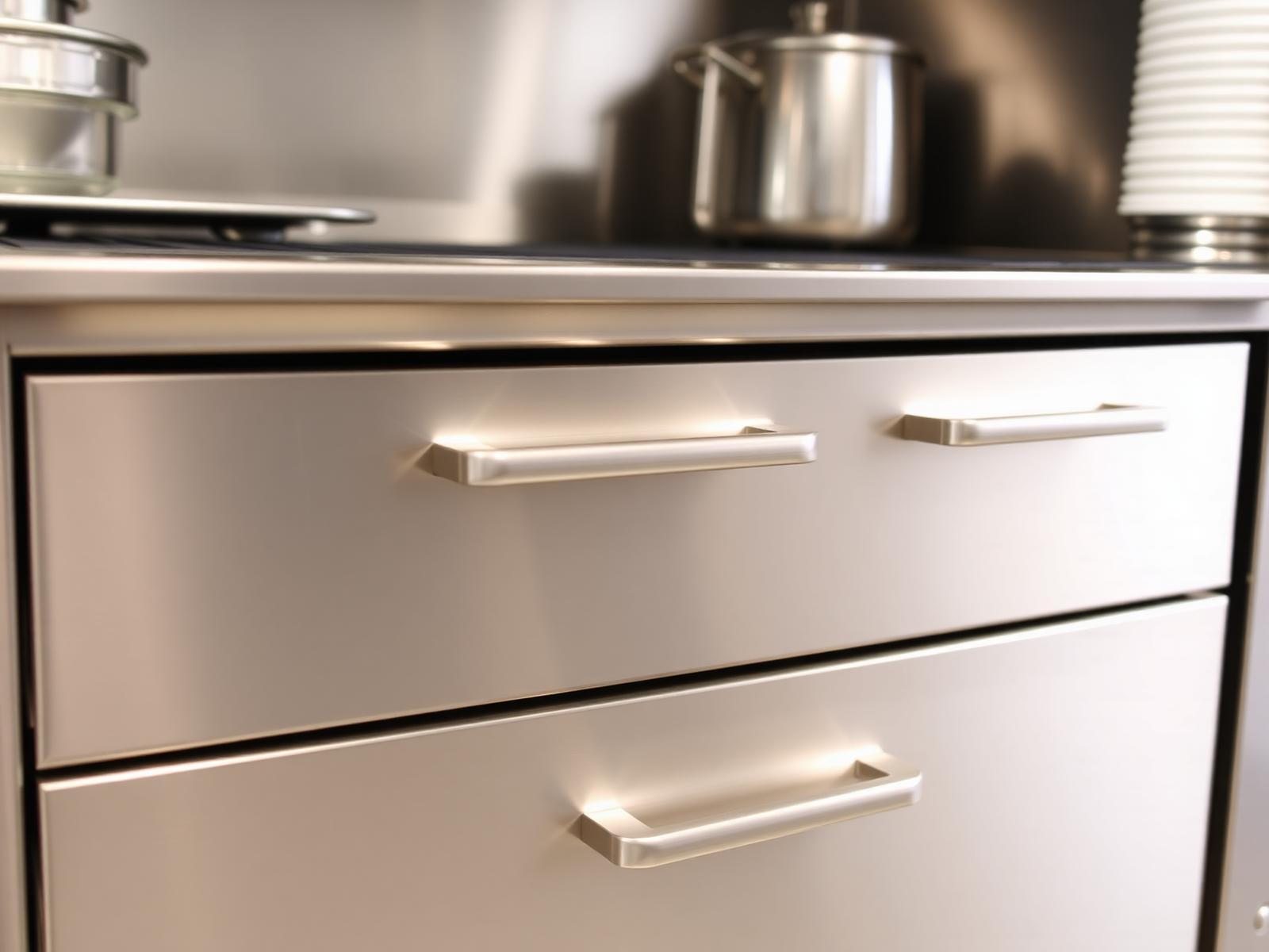 Stainless steel commercial cookline low boy drawer fronts close-up