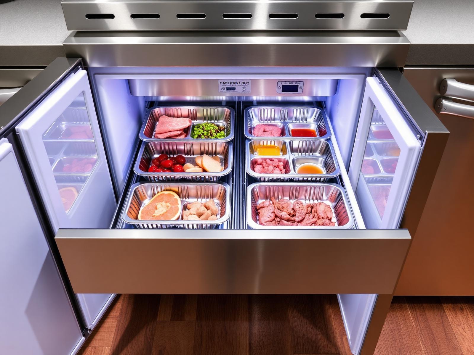 Interior of a commercial low boy refrigerator stocked with sixth pans of prepped proteins and sauces