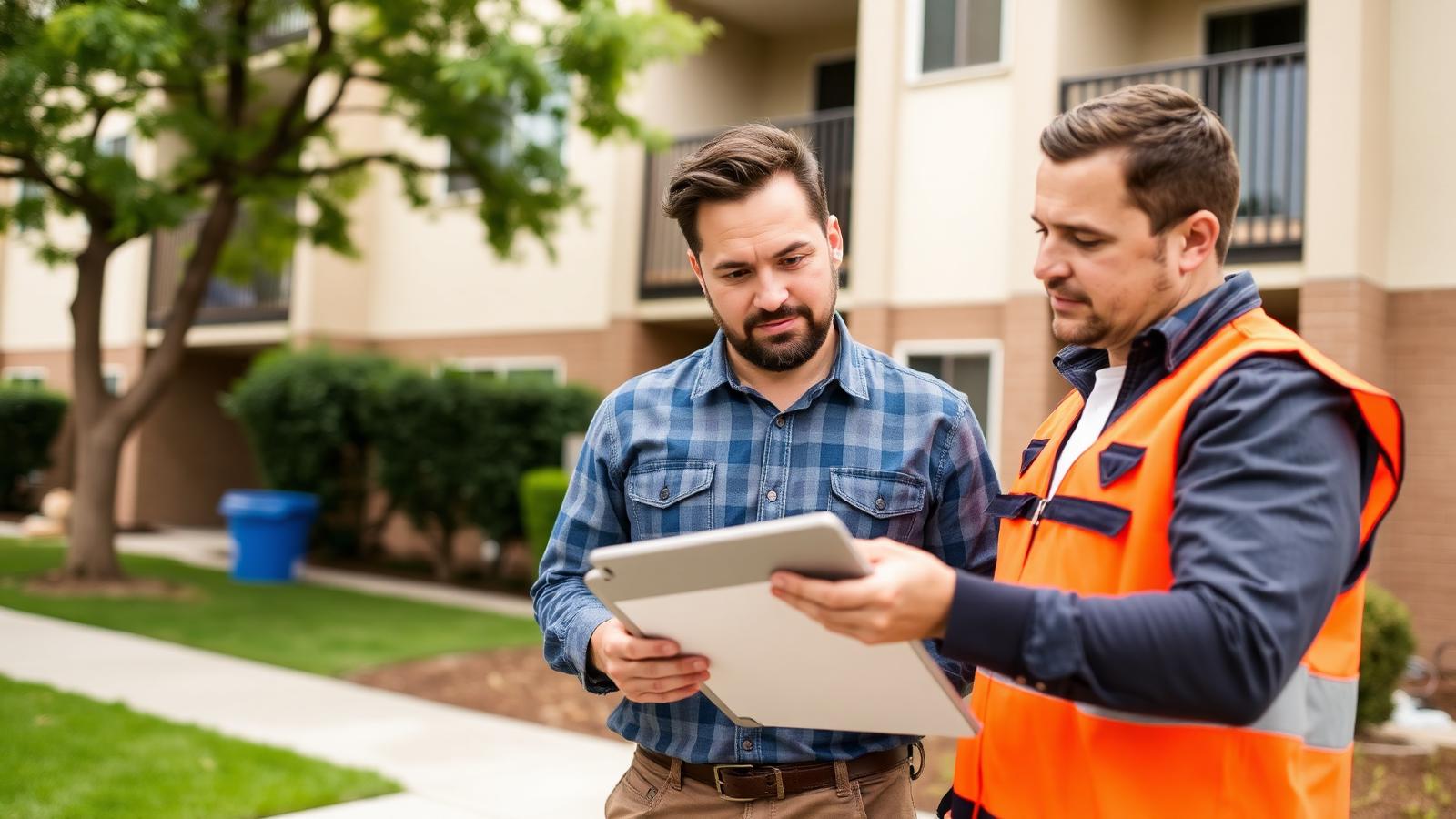 Tech On Call technician reviewing a property maintenance plan with a property manager outside an Inland Empire apartment complex