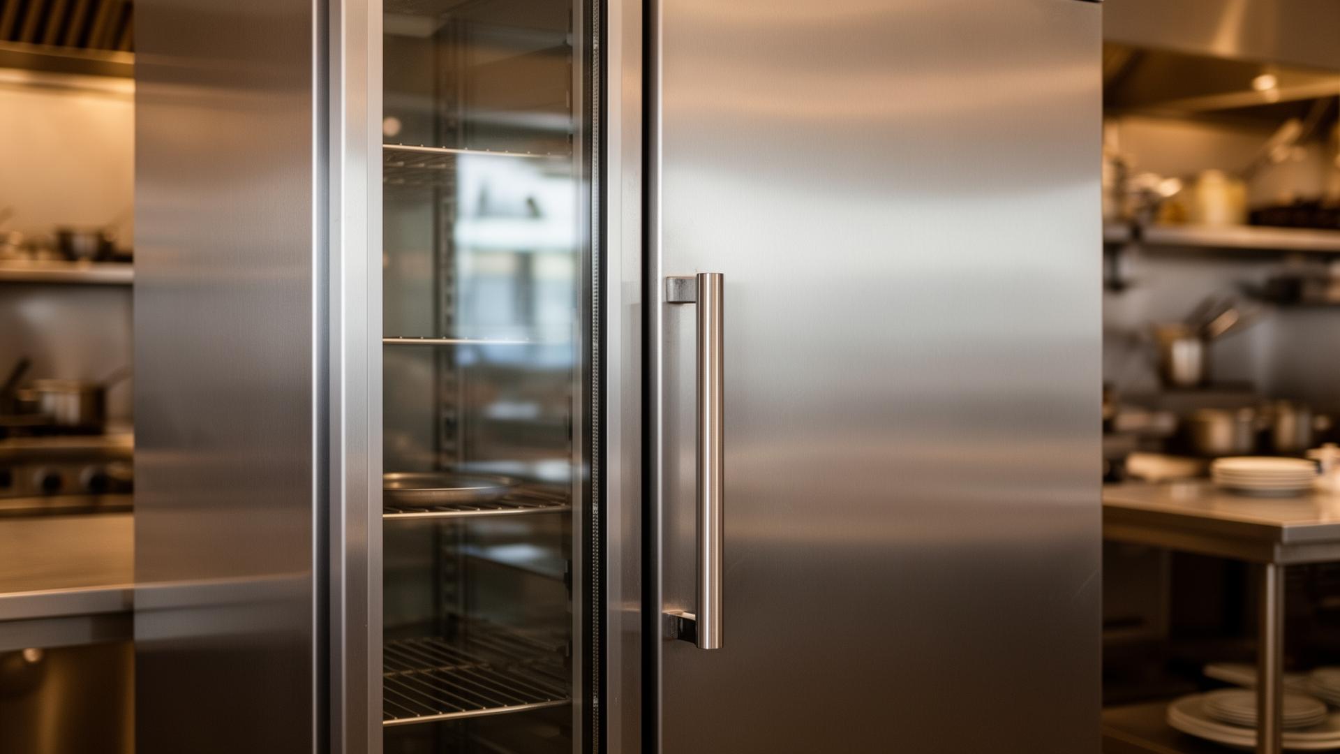 Stainless steel commercial reach-in cooler door in a kitchen