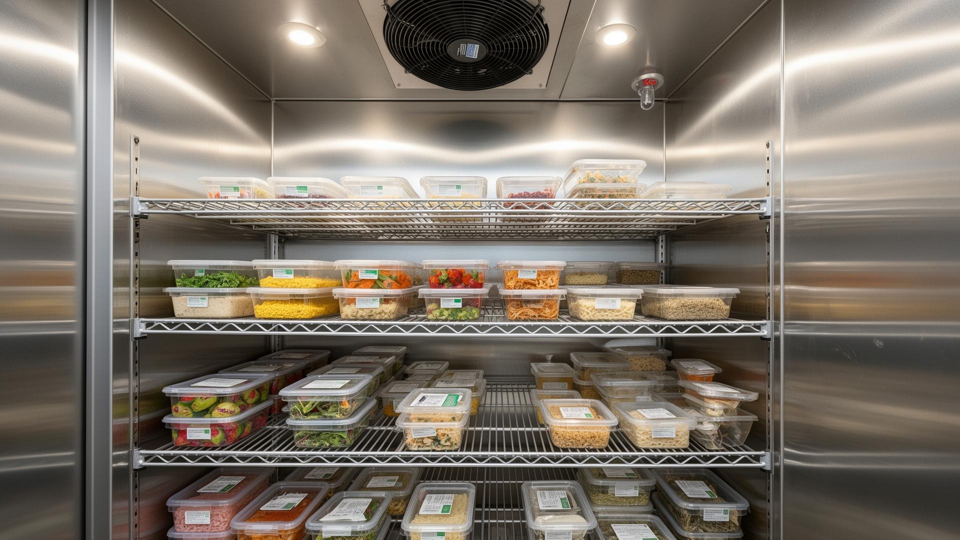 Interior of a commercial reach-in cooler stocked with prep containers
