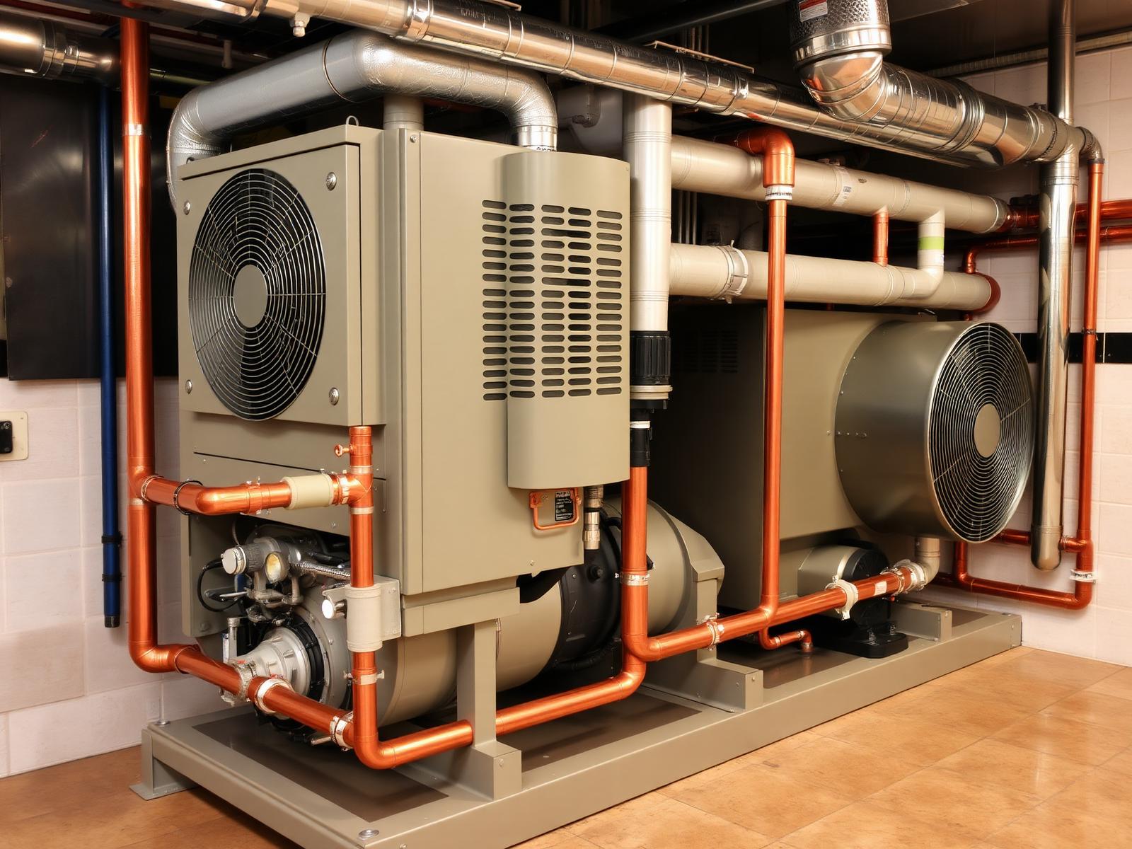 New commercial refrigeration condensing unit with copper refrigerant lines, evaporator coils, and insulated suction lines freshly installed in a mechanical room
