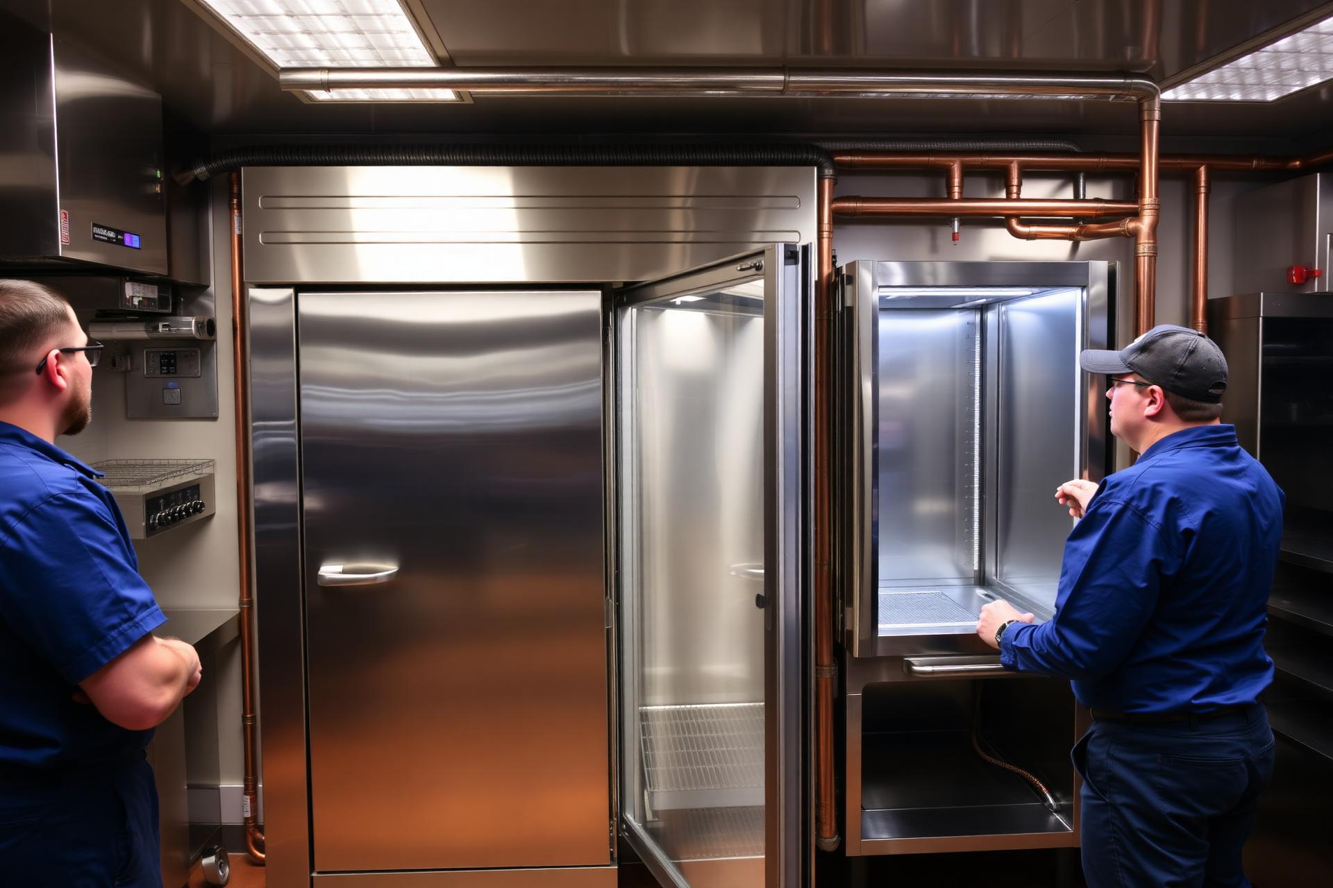 Refrigeration technicians installing a new stainless-steel commercial walk-in cooler with copper refrigerant line sets in a professional kitchen
