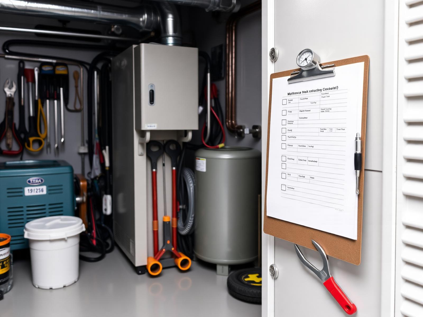 Commercial refrigeration maintenance checklist on clipboard next to service tools and condensing unit