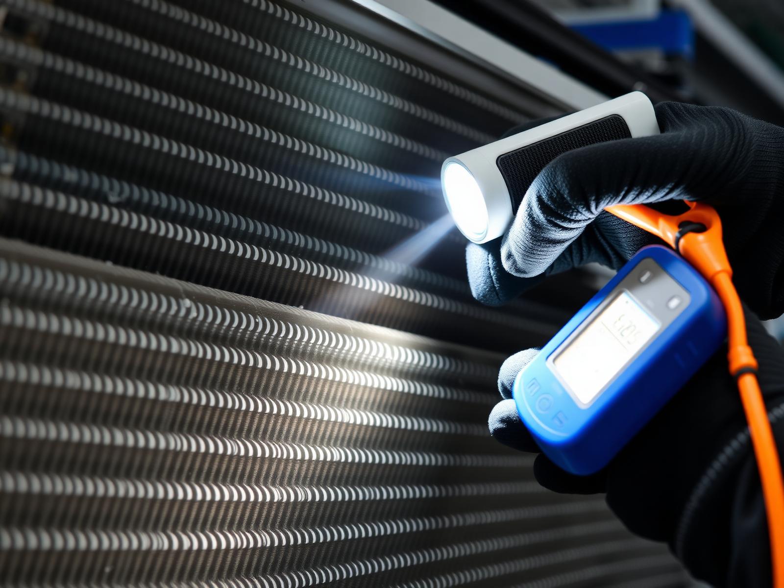 Refrigeration technician inspecting a clean condenser coil with measurement tools