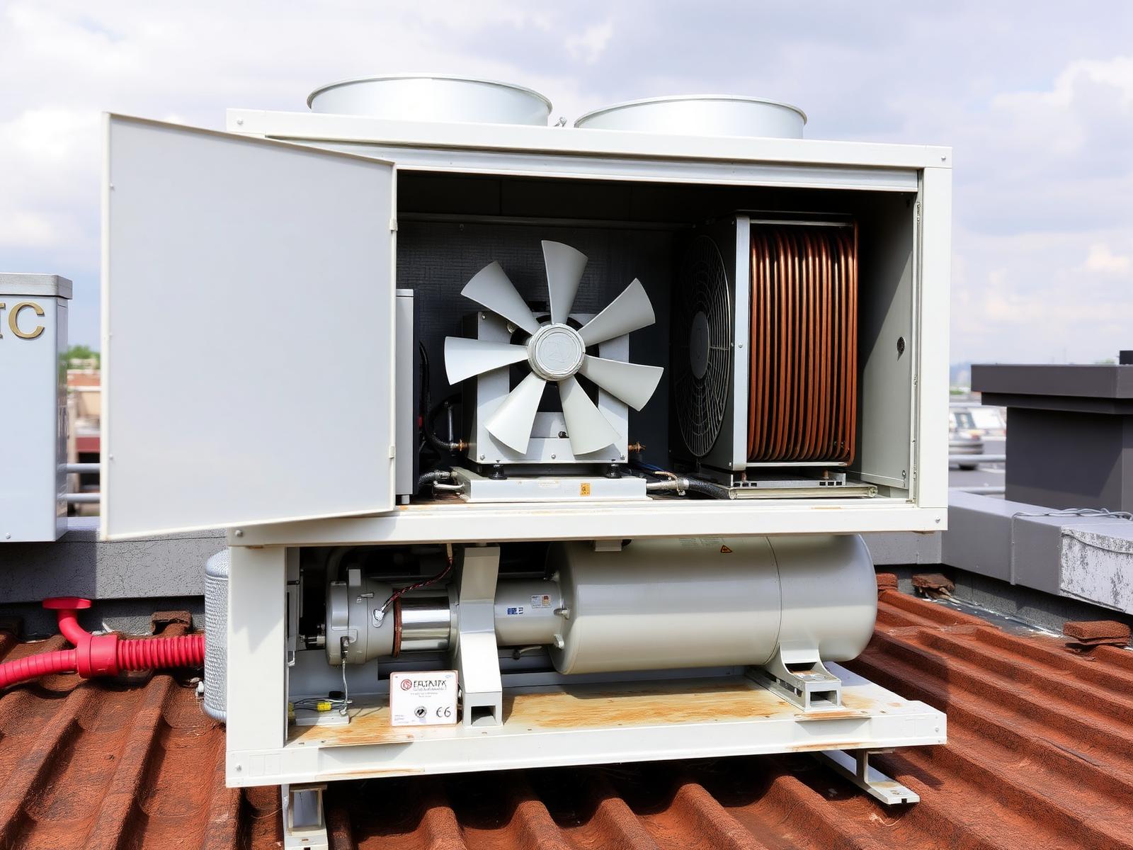 Open commercial refrigeration condensing unit with compressor and coils on a rooftop