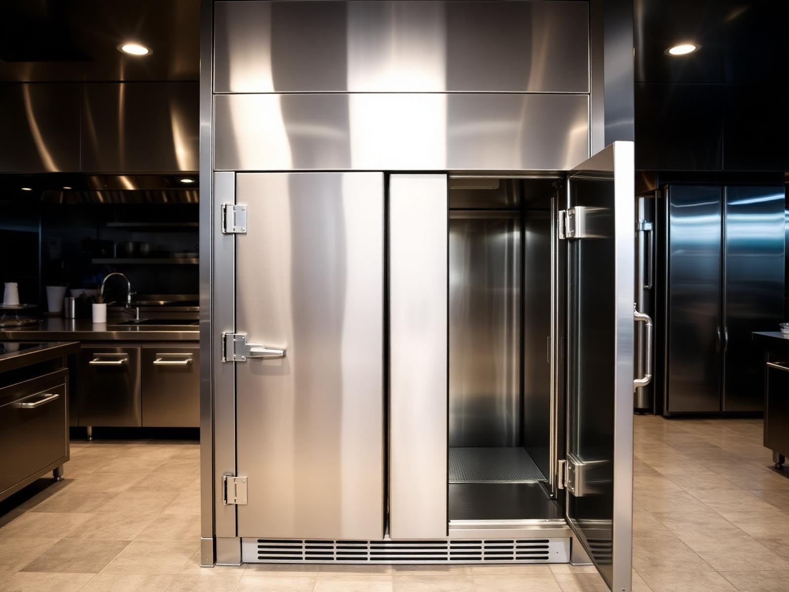 Stainless steel commercial walk-in cooler door in a kitchen