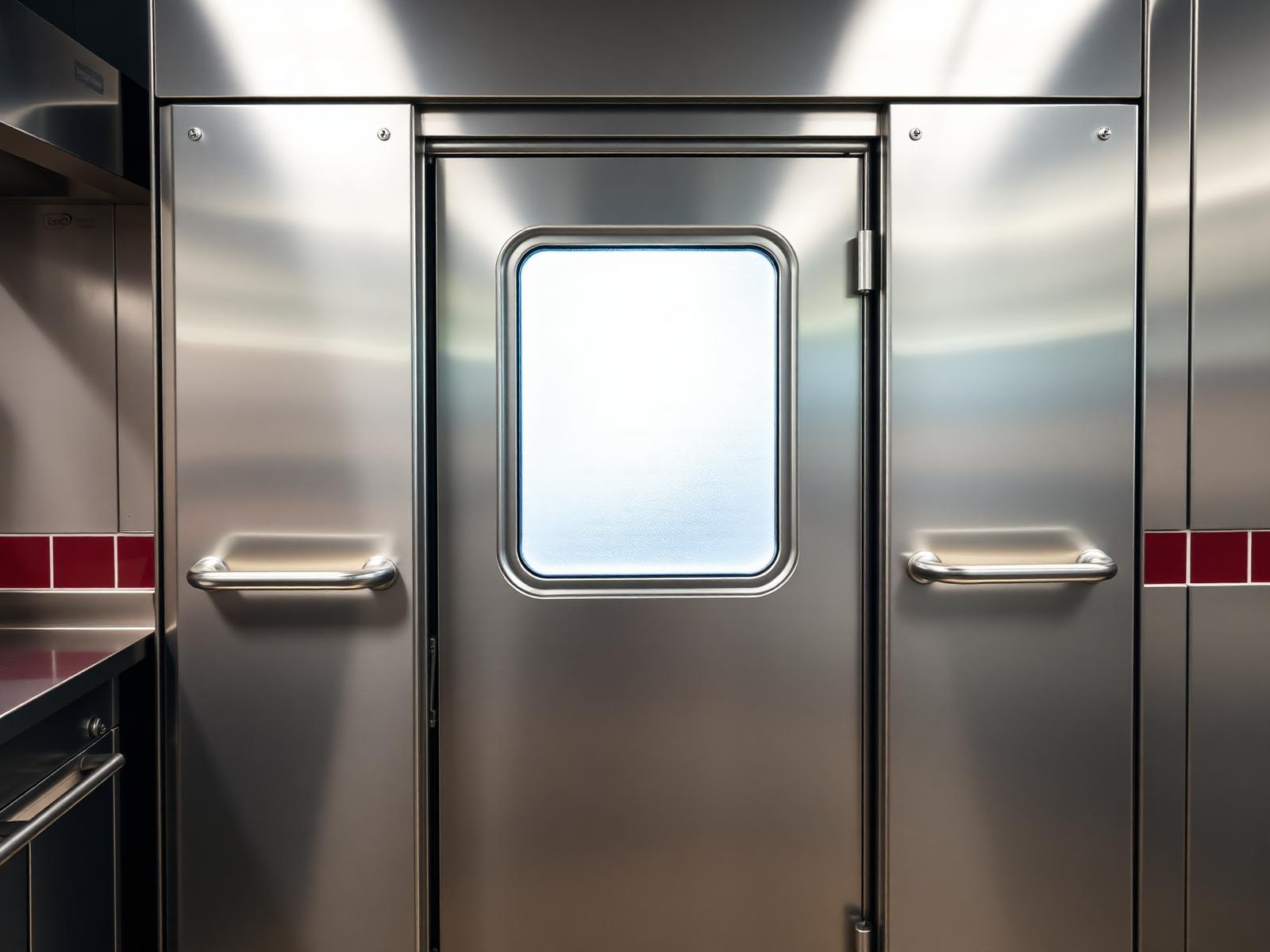 Stainless steel commercial walk-in freezer door with viewing window in a commercial kitchen