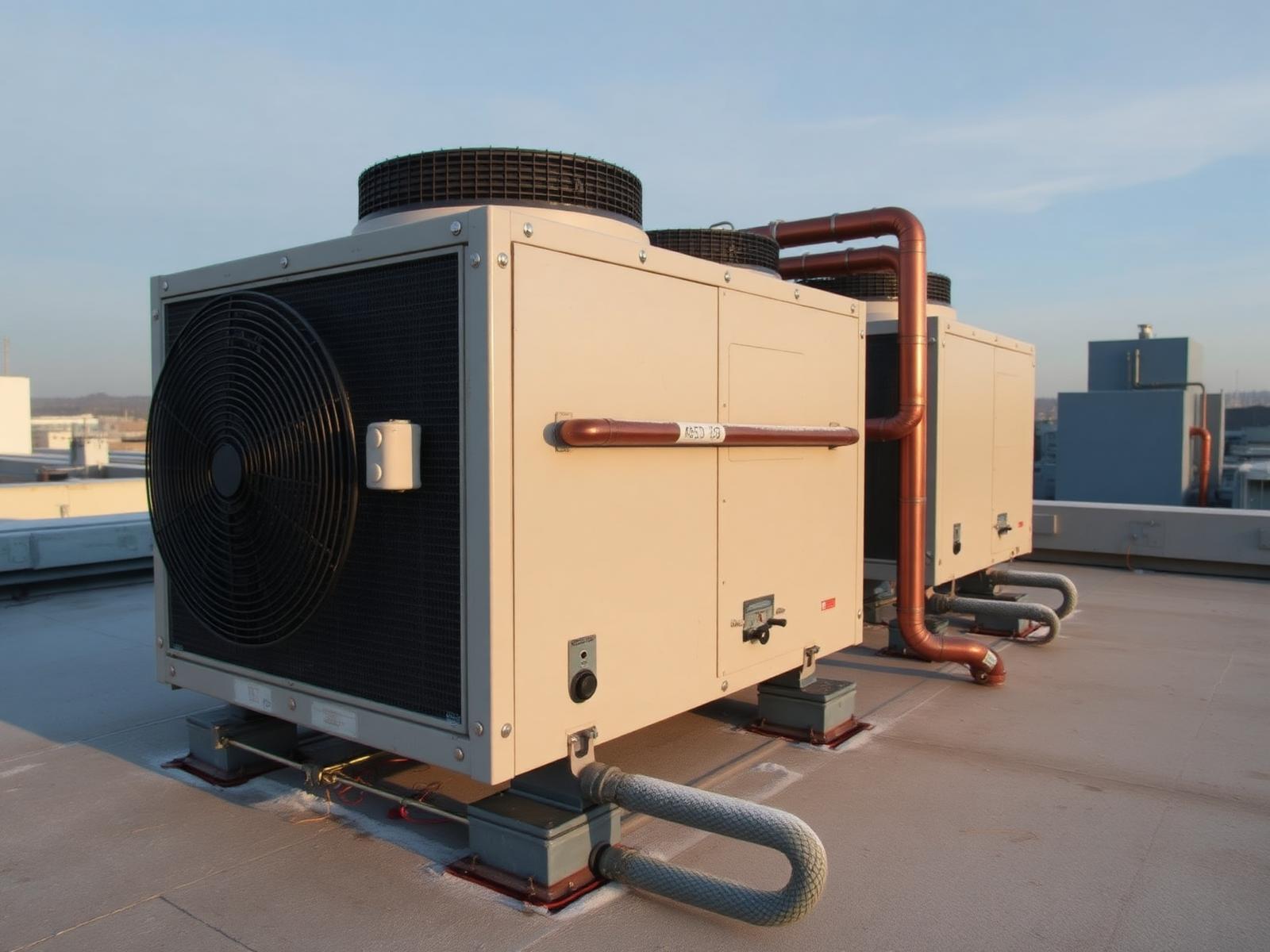 Low-temp commercial freezer condensing unit on a rooftop with copper refrigerant lines