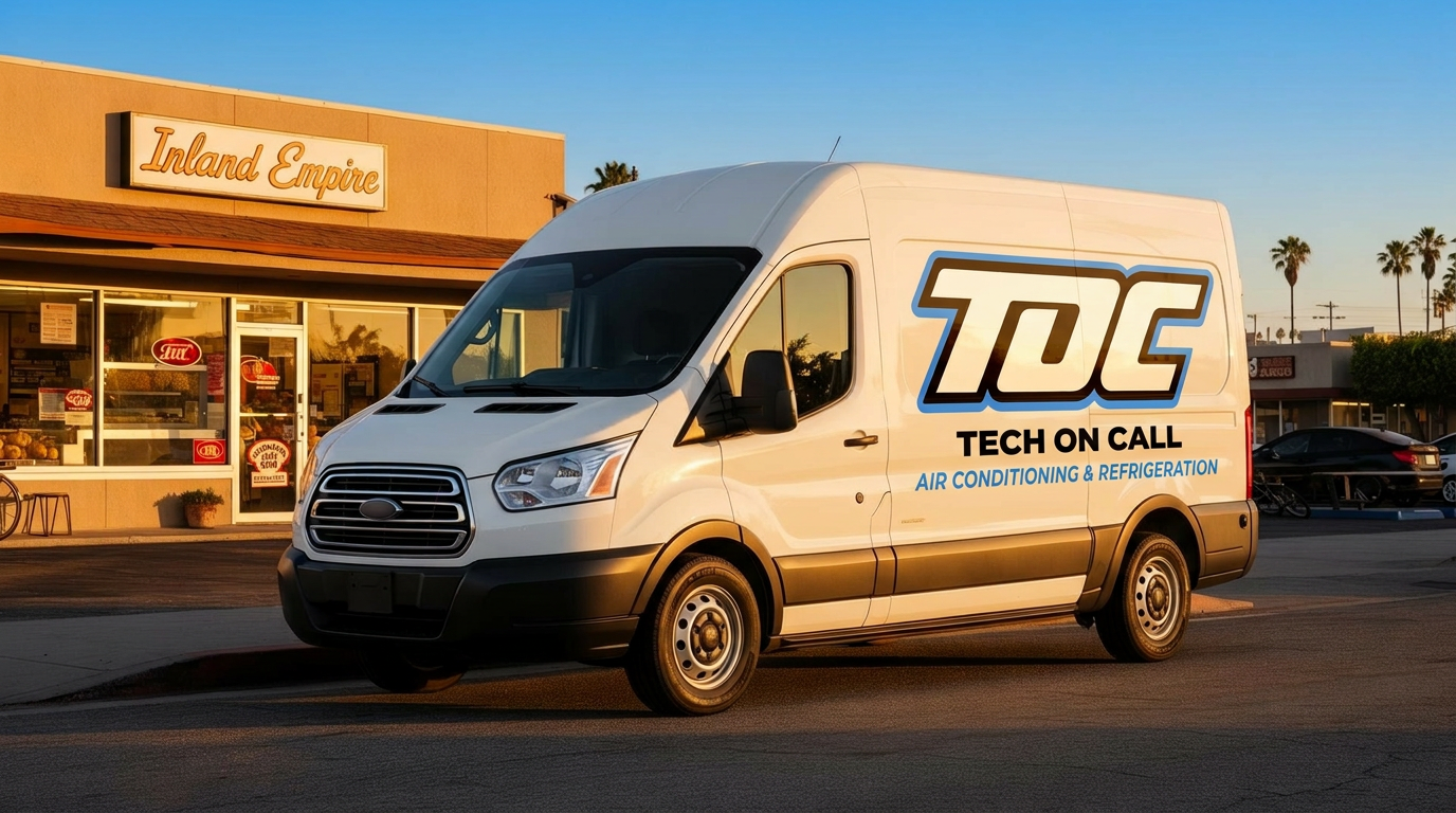 Tech On Call service truck parked in front of an Inland Empire small business storefront